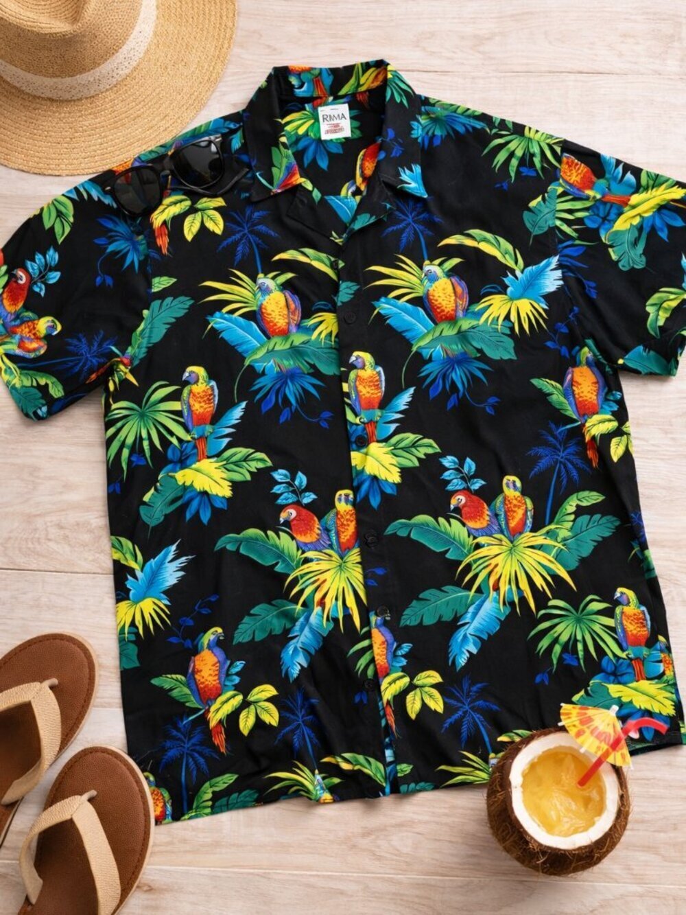 Rima Tropical Parrot Hawaiian Shirt Black Button Up Camp Shirt Size L